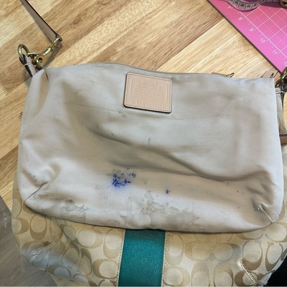 Coach Beige/Green signature canvas & leather Devin stripe shoulder bag & wallet - Picture 12 of 14